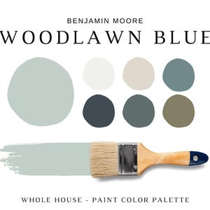 May include: A paint colour palette featuring Benjamin Moore's Woodlawn Blue, a light blue-green colour. The palette includes a variety of complementary colours, including white, beige, dark blue, teal, and olive green. The image also includes a paintbrush, suggesting the use of the colours for painting.