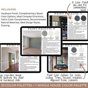 May include: A digital display of paint color palettes, including 25 color palettes and a whole-house color palette. The image includes text about color options for walls, ceilings, trims, and cabinets, and also includes a real-time image example.