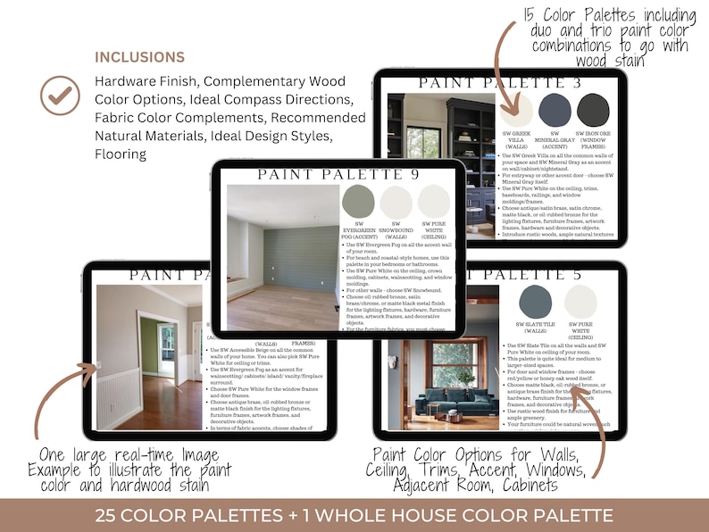 May include: A digital display of paint color palettes, including 25 color palettes and a whole-house color palette. The image includes text about color options for walls, ceilings, trims, and cabinets, and also includes a real-time image example.