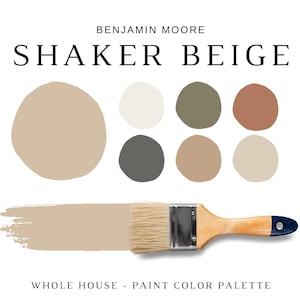 Puede incluir: Una paleta de colores de pintura con Shaker Beige de Benjamin Moore, un color beige claro. La paleta incluye seis colores, entre ellos un beige claro, blanco, gris oscuro, marrón y dos tonos de beige. La imagen también incluye una brocha de pintura con mango de madera y cerdas blancas.