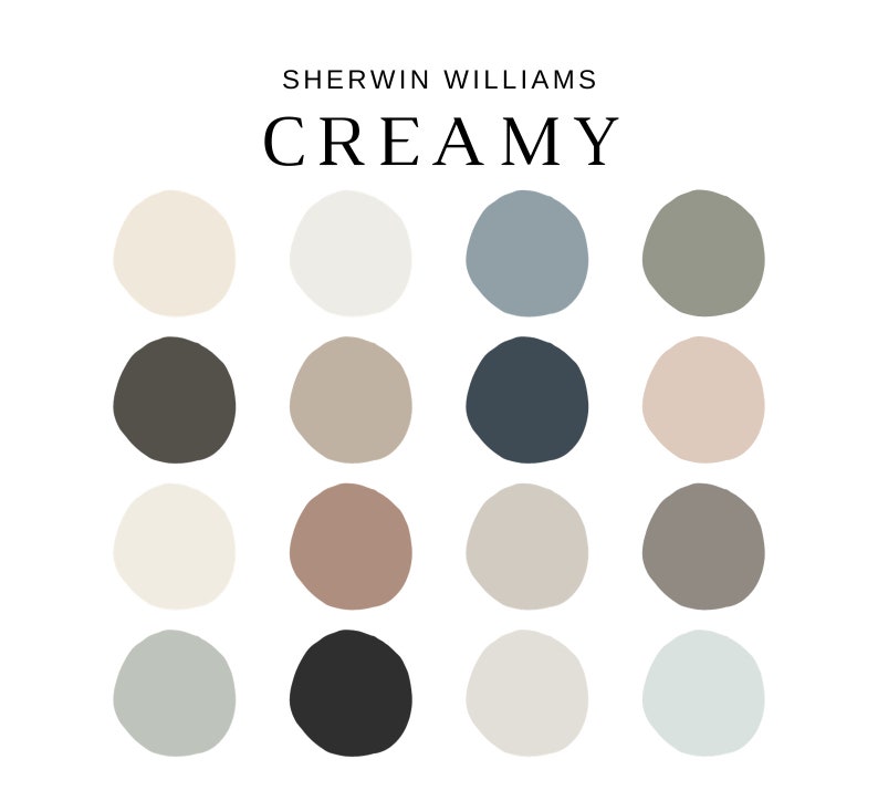 May include: A color palette featuring the Sherwin Williams brand with the word "CREAMY" in black text. The image displays sixteen different paint color swatches in a variety of neutral tones, including beige, gray, and blue, arranged in four rows.