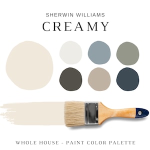CREAMY Sherwin Williams Color Palette, Creamy Cabinets, Sherwin Williams Whole House Color Palette, Cabin Paint Colors, Creamy White Color