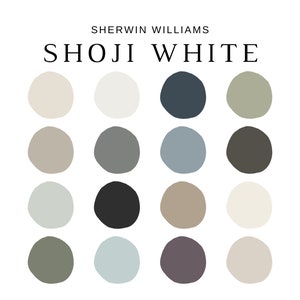 May include: A white background with the text "SHERWIN WILLIAMS SHOJI WHITE" at the top. Below the text are 16 color swatches in a variety of neutral tones, including white, gray, and beige.