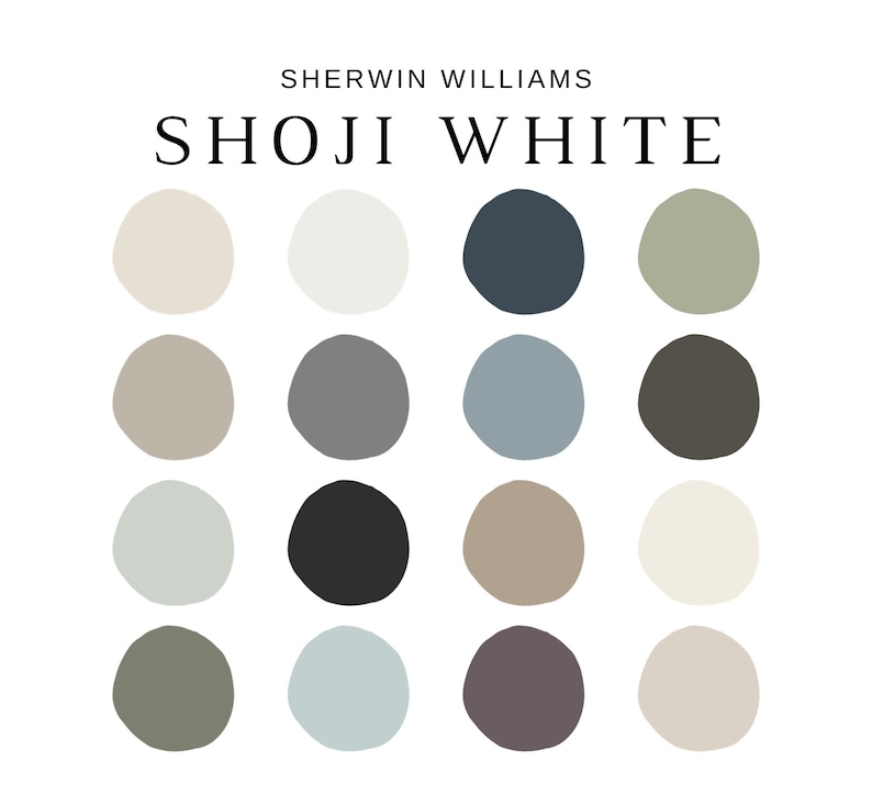 May include: A white background with the text "SHERWIN WILLIAMS SHOJI WHITE" at the top. Below the text are 16 color swatches in a variety of neutral tones, including white, gray, and beige.