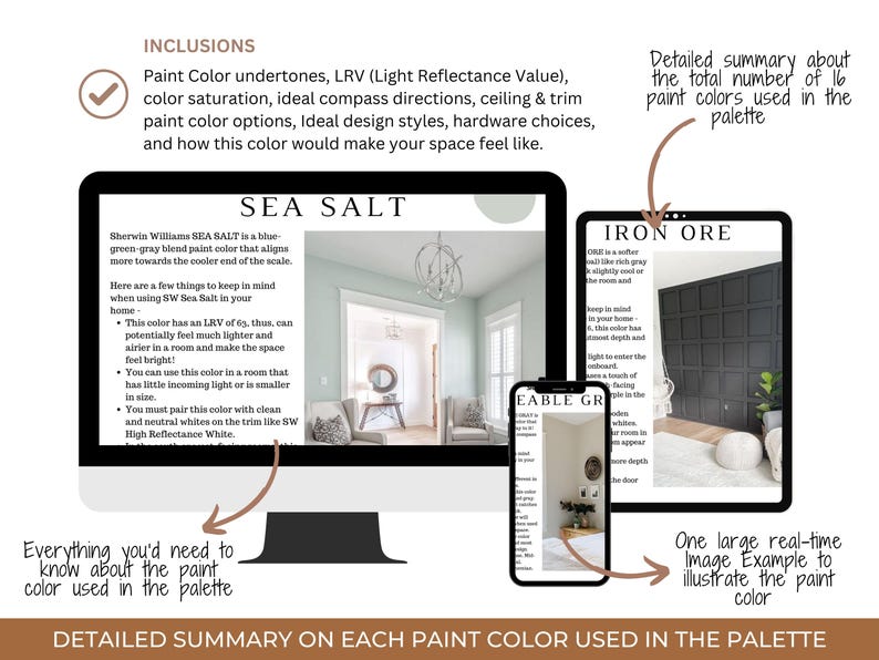 May include: A digital display shows paint color information, including LRV, color saturation, and design styles. The screen displays "SEA SALT" and "IRON ORE" paint color examples. A smartphone shows "EABLE GR" paint color. The image is a detailed summary of paint colors.