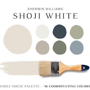 May include: A paint color palette featuring the name "SHOJI WHITE" by Sherwin Williams. The image displays a paint brush with a swatch of the color, along with a series of coordinating color swatches. The text "WHOLE HOUSE PALETTE - 16 COORDINATING COLORS" is also present.