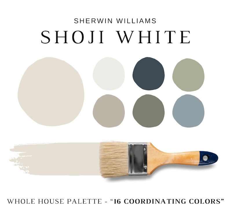 May include: A paint color palette featuring the name "SHOJI WHITE" by Sherwin Williams. The image displays a paint brush with a swatch of the color, along with a series of coordinating color swatches. The text "WHOLE HOUSE PALETTE - 16 COORDINATING COLORS" is also present.