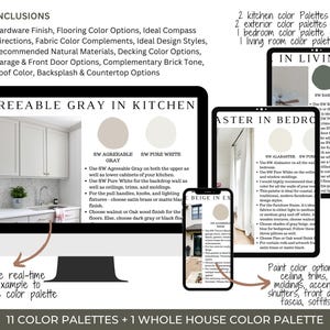 May include: A digital display of interior design color palettes. The main screen shows a kitchen with the text "Agreeable Gray in Kitchen." Additional screens display color schemes for bedrooms and living rooms. Text includes "11 Color Palettes + 1 Whole House Color Palette."