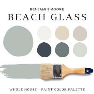 May include: A whole house paint colour palette, featuring Benjamin Moore's Beach Glass colour. The palette includes shades of blue, grey, white and beige.