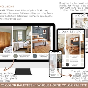 May include: A digital display shows three different color palette options for various rooms, including kitchens and bedrooms. The display includes examples of color palettes and wood stain options, with text indicating paint color options for walls, ceilings, and trim.