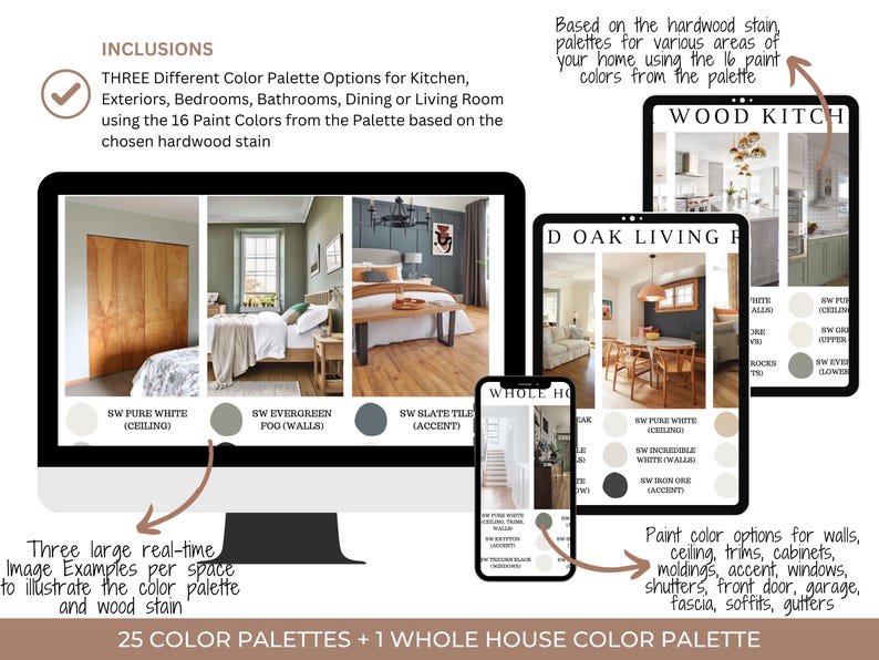 May include: A digital display shows three different color palette options for various rooms, including kitchens and bedrooms. The display includes examples of color palettes and wood stain options, with text indicating paint color options for walls, ceilings, and trim.