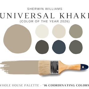 Puede incluir: Imagen que muestra una paleta de colores de pintura Sherwin Williams. El texto dice "UNIVERSAL KHAKI (COLOR DEL AÑO 2026)". La paleta incluye un gran círculo caqui, seis círculos más pequeños en varios tonos neutros y un pincel con una pincelada caqui.