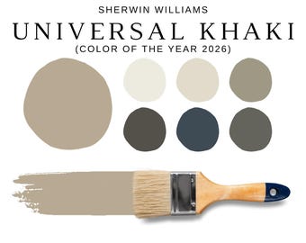 Sherwin Williams UNIVERSAL KHAKI Color Palette, Universal Khaki Whole House Palette, Sherwin Williams Color of the Year 2026, Modern Earthy