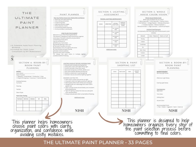 May include: A complete home paint planning workbook titled "The Ultimate Paint Planner" with 33 pages. The planner includes sections on lighting assessment, color vision, and room-by-room planning. The text on the planner says it helps homeowners choose paint colors with clarity and confidence.