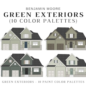 GREEN EXTERIOR Benjamin Moore Color Palette, Green-Gray Exterior House Color, Green Exterior Color Scheme, Exterior Paint Palett, Sage Green