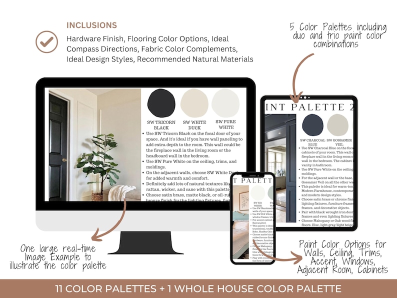 May include: A digital display shows interior design color palettes. The image includes a computer monitor, tablet, and smartphone, each displaying color schemes. Text highlights inclusions like hardware finishes and ideal design styles. The image also shows text that says "11 COLOR PALETTES + 1 WHOLE HOUSE COLOR PALETTE."