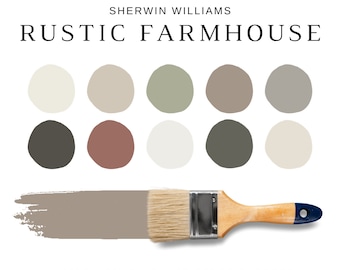 May include: A paint color palette labeled "Rustic Farmhouse" by Sherwin Williams. The image displays ten paint color swatches in neutral tones, with a paintbrush applying a sample of one color. Text at the bottom reads "Whole House - Paint Color Palette."