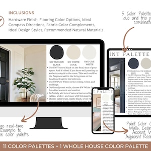 Puede incluir: Una exhibici&oacute;n digital de paletas de colores de dise&ntilde;o de interiores. La imagen muestra un monitor de computadora, una tableta y un tel&eacute;fono inteligente que muestran esquemas de color. El texto incluye "Inclusiones" y "11 Paletas de colores + 1 Paleta de colores para toda la casa."