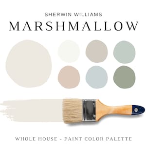 May include: A paint color palette featuring Sherwin Williams' Marshmallow paint color. The palette includes six colors: Marshmallow, a light beige; a creamy white; a light gray; a light blue; a light pink; and a light green. A paintbrush is shown with a swipe of Marshmallow paint.