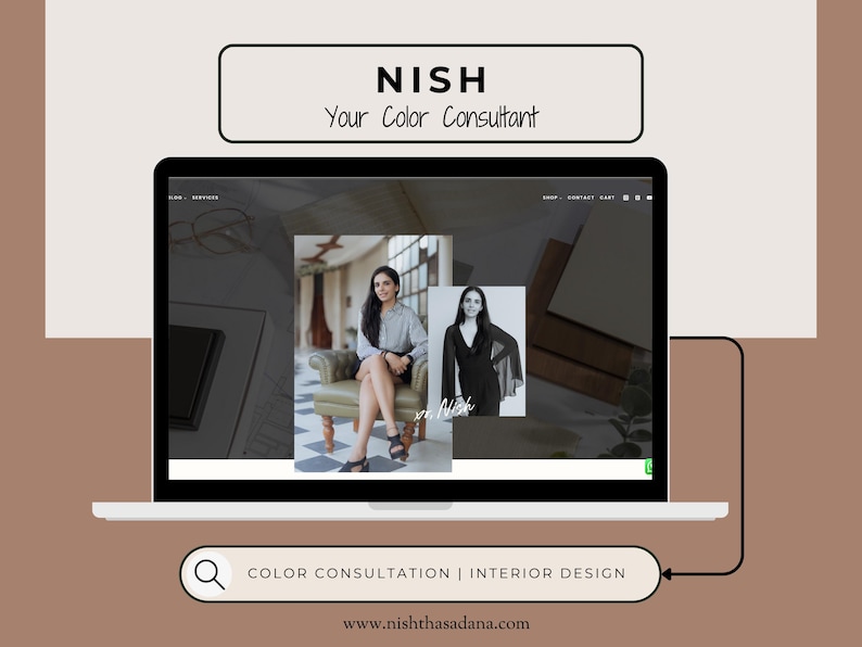 May include: A laptop screen displays a website with the text "NISH Your Color Consultant." The website features images of a woman and the search bar text "COLOR CONSULTATION | INTERIOR DESIGN."