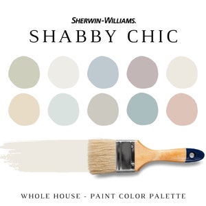 May include: A paint colour palette labelled "Shabby Chic" by Sherwin-Williams. The image features ten pastel paint colour swatches and a paintbrush with a stroke of off-white paint. Text at the bottom reads "Whole House - Paint Colour Palette."
