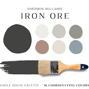 Sherwin Williams Iron Ore Color Palette, SW Iron Ore Coordinating Colors, Iron Ore Cabinets, Iron Ore Exteriors, SW Iron Ore Complements