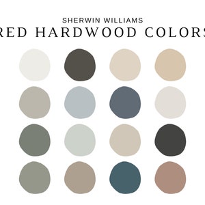 May include: A color palette featuring sixteen different paint colors for hardwood floors. The colors are arranged in a grid of four rows and four columns. The text "Sherwin Williams Red Hardwood Colors" is at the top of the image.