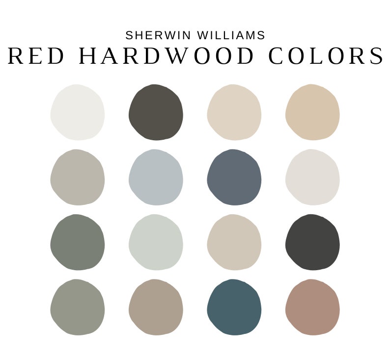 May include: A color palette featuring sixteen different paint colors for hardwood floors. The colors are arranged in a grid of four rows and four columns. The text "Sherwin Williams Red Hardwood Colors" is at the top of the image.