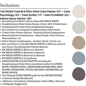 May include: A graphic listing inclusions for interior design, including paint color palettes, psychology, and interior decor advice. The text mentions SW Shoji White and includes color palette options for various rooms. A color palette is shown on the right.