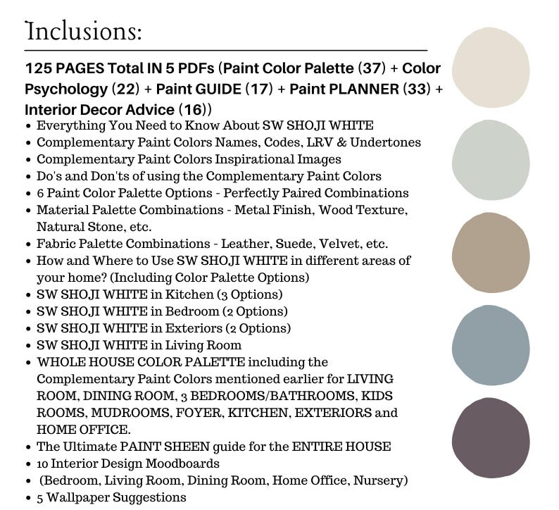 May include: A graphic listing inclusions for interior design, including paint color palettes, psychology, and interior decor advice. The text mentions SW Shoji White and includes color palette options for various rooms. A color palette is shown on the right.