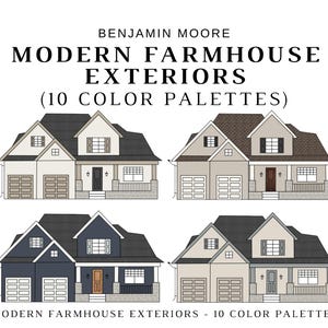 May include: Four illustrations of modern farmhouse exteriors with different color palettes. The illustrations show a two-story house with a garage, front porch, and landscaping. The color palettes include beige, gray, brown, blue, and white.
