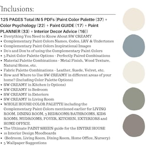 May include: A digital guide with a list of inclusions, including paint color palettes, color psychology, and interior decor advice. The guide features a variety of color swatches in shades of beige, blue, and gray. The text includes the phrase "SW CREAMY".