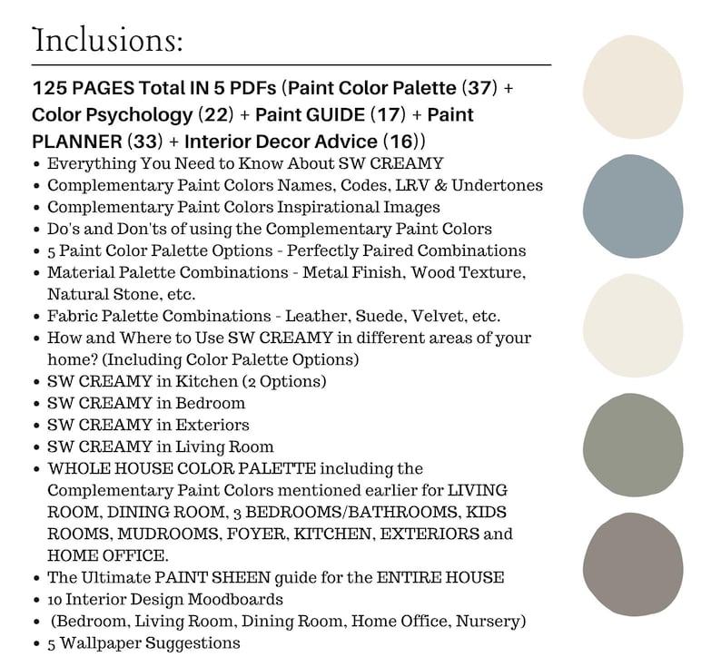 May include: A digital guide with a list of inclusions, including paint color palettes, color psychology, and interior decor advice. The guide features a variety of color swatches in shades of beige, blue, and gray. The text includes the phrase "SW CREAMY".