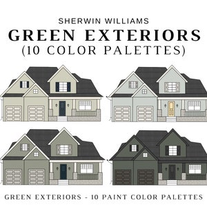 GREEN EXTERIOR Sherwin Williams Color Palette, Green-Gray Exterior House Color, Green Exterior Color Scheme, Exterior Paint Palette, Retreat