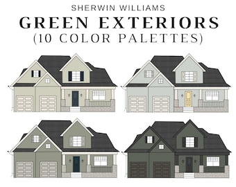 GREEN EXTERIOR Sherwin Williams Color Palette, Green-Gray Exterior House Color, Green Exterior Color Scheme, Exterior Paint Palette, Retreat