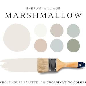 Op de afbeelding: Een verfkleurenpalet met de naam "Marshmallow" met een penseel en een verfstaal. Het palet bevat een verscheidenheid aan neutrale en pastelkleuren, waaronder gebroken wit, beige en gedempte groen- en blauwtinten. De tekst "Whole House Palette - 16 Coordinating Colors" is ook aanwezig.