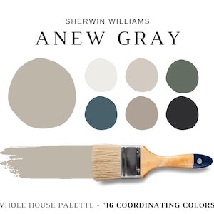 May include: A palette of 16 coordinating colors, including shades of gray, white, blue, and green, is displayed. The text "Anew Gray" is at the top, with a paint brush and a swatch of gray paint. The words "Whole House Palette" are at the bottom.