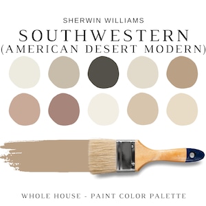 以下が含まれることがあります： Sherwin Williamsの「Southwestern (American Desert Modern)」というペイントカラーパレット。 パレットには、ニュートラルな色調の10個の円形のカラーサンプルと、色のサンプルを示すペイントブラシが描かれています。 下部のテキストは「Whole House - Paint Color Palette」と書かれています。