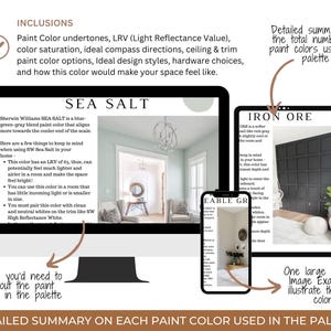 Puede incluir: Una pantalla digital muestra informaci&oacute;n sobre los colores de pintura, incluyendo LRV, saturaci&oacute;n de color y estilos de dise&ntilde;o. La pantalla muestra ejemplos de colores de pintura "SEA SALT" e "IRON ORE". Un smartphone muestra el color de pintura "EABLE GR". La imagen es un resumen detallado de los colores de pintura.