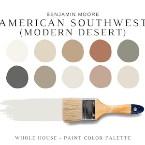Puede incluir: Una paleta de colores de pintura para toda la casa, con el esquema de colores American Southwest (Modern Desert) de Benjamin Moore. La paleta incluye ocho colores en varios tonos de beige, marrón, gris y blanco.