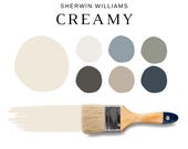 CREAMY Sherwin Williams Color Palette, Creamy Cabinets, Sherwin Williams Whole House Color Palette, Cabin Paint Colors, Creamy White Color