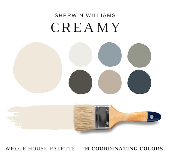 CREAMY Sherwin Williams Color Palette, Creamy Cabinets, Sherwin Williams Whole House Color Palette, Cabin Paint Colors, Creamy White Color