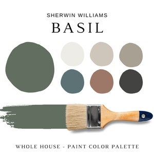 BASIL Sherwin Williams Paint, Sherwin Williams GREEN Wall Paint, Whole House Paint Colors, BASIL Paint Color, Sage Green Paints, Shoji White