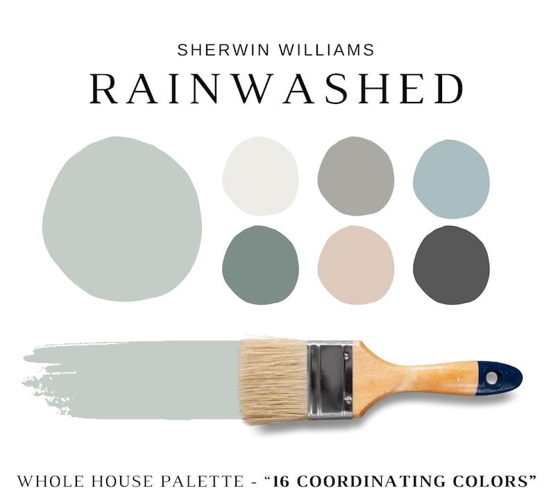Puede incluir: Paleta de pintura "Rainwashed" de Sherwin Williams, con una muestra de color y un pincel. La paleta incluye seis muestras de color y una muestra grande del color principal. El texto dice "Whole House Palette - 16 Coordinating Colors."