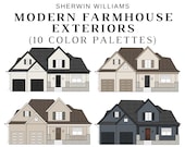 MODERN FARMHOUSE EXTERIOR Sherwin Williams Color Palette, White House Dark trim, Greige Farmhouse, Exterior Home Color Schemes, Curb Appeal