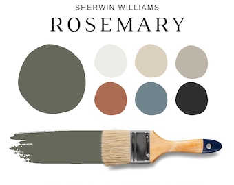 Sherwin Williams ROSEMARY Paint Palette, Green Color Scheme, Whole House Paint, Earthy Palette, Green cabinets, Green Front Door, Rosemary