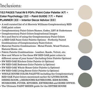 May include: A digital guide with paint color palettes and interior design advice. Includes 152 pages in 5 PDFs, covering color psychology, paint guides, and interior decor. Features Sherwin Williams RED OAK paint colors and palette options.