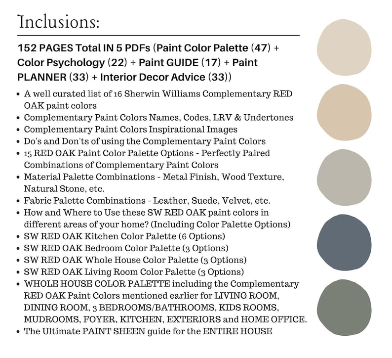 May include: A digital guide with paint color palettes and interior design advice. Includes 152 pages in 5 PDFs, covering color psychology, paint guides, and interior decor. Features Sherwin Williams RED OAK paint colors and palette options.