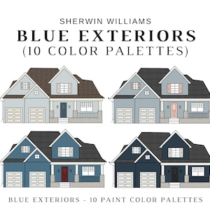 BLUE EXTERIOR Sherwin Williams Color Palette, Blue Exterior House Color, Blue Color Palette, Blue House Paint Colors, Exterior Paint Palette
