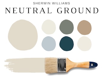 May include: A paint color palette from Sherwin Williams, featuring the text "Neutral Ground." The image displays a paint brush with a beige stroke, along with a selection of 8 coordinating paint colors. The text "Whole House Palette - 16 Coordinating Colors" is also present.